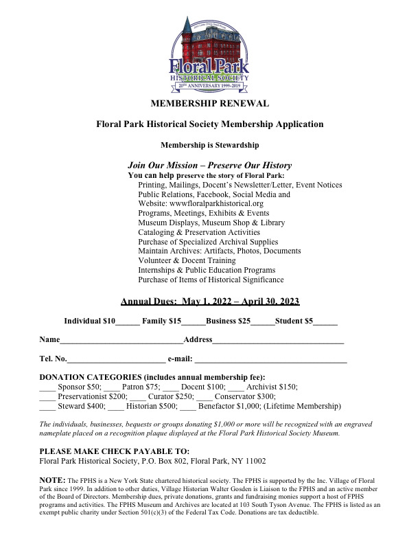 Floral Park NY Historical Society Membership Full membership benefits